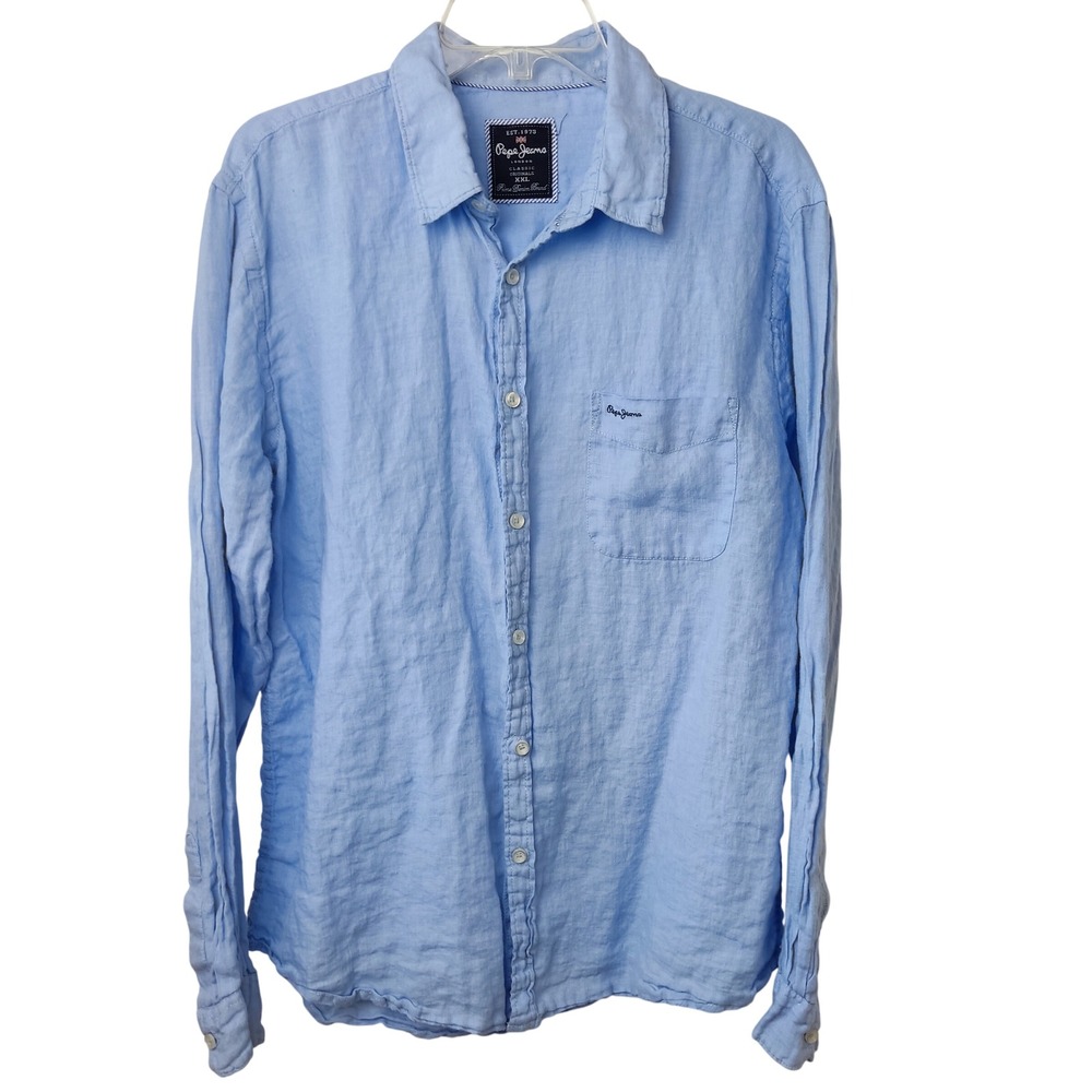 Pepe Jeans Button Down Mens XXL Light Blue Pekkos S 100% Linen Long Sleeve Shirt